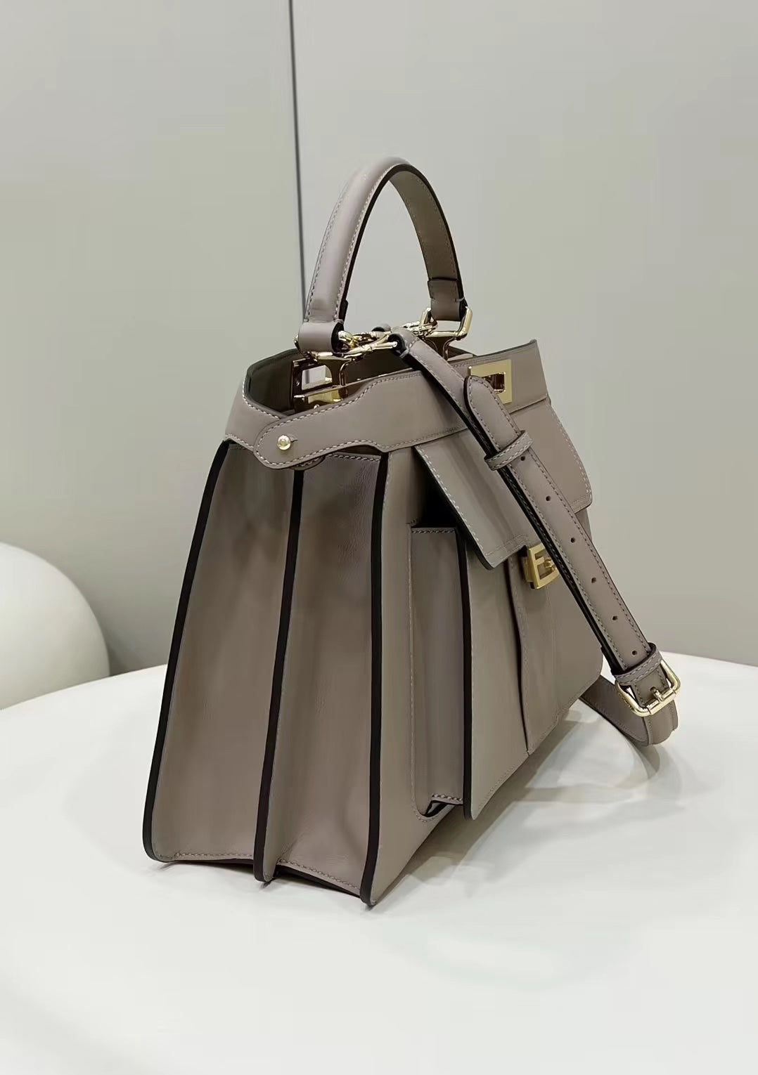 FENDI PEEKABOO 33 BAG IN KHAKI CALFSKIN WITH STRAP GOLD HARDWARE