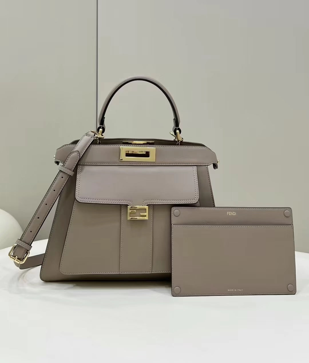 FENDI PEEKABOO 33 BAG IN KHAKI CALFSKIN WITH STRAP GOLD HARDWARE