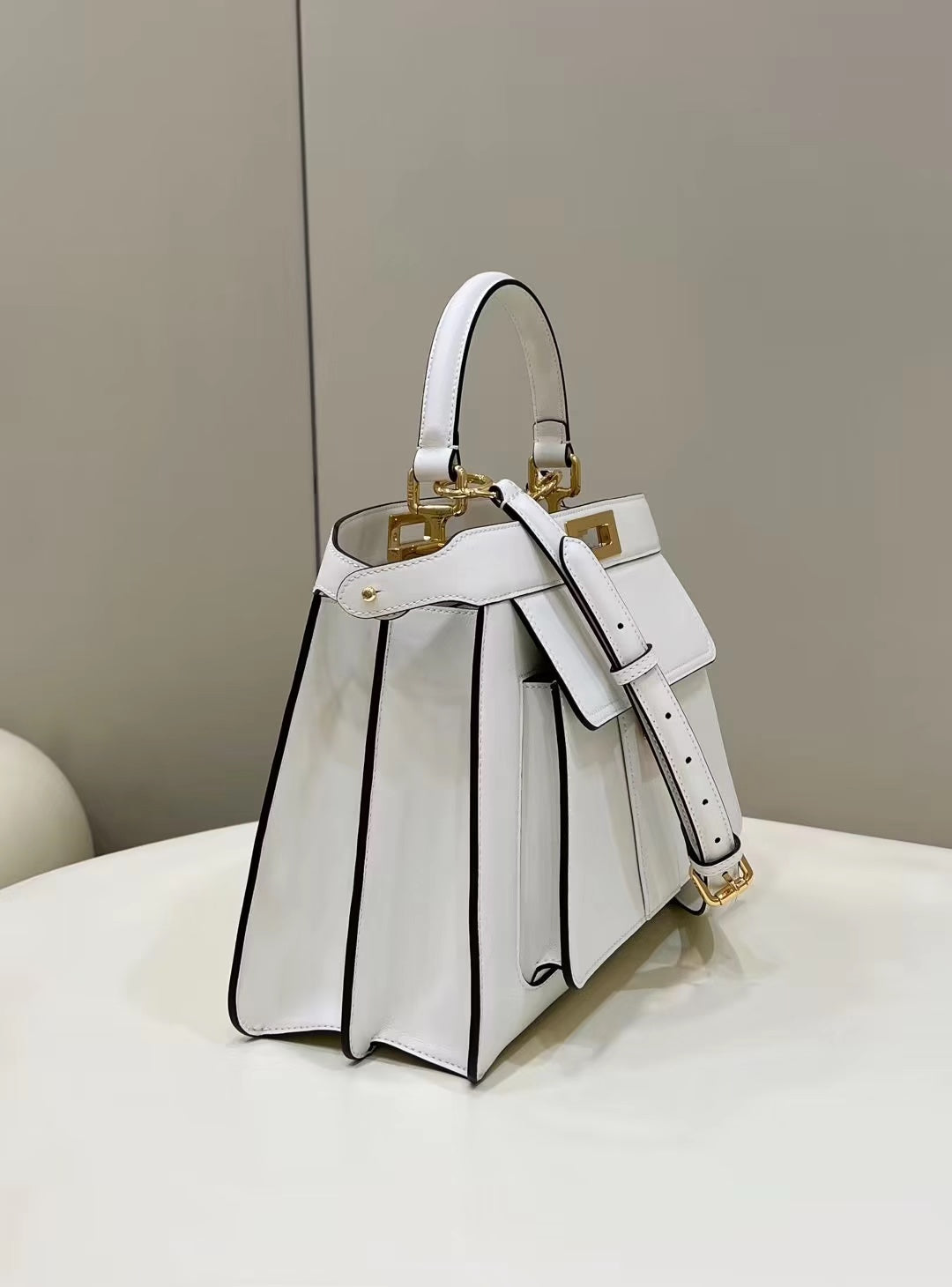 FENDI PEEKABOO 33 BAG IN WHITE CALFSKIN WITH STRAP GOLD HARDWARE