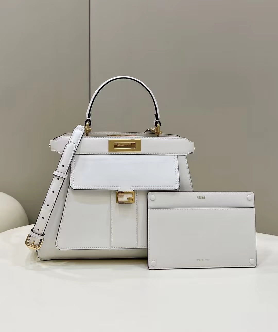 FENDI PEEKABOO 33 BAG IN WHITE CALFSKIN WITH STRAP GOLD HARDWARE