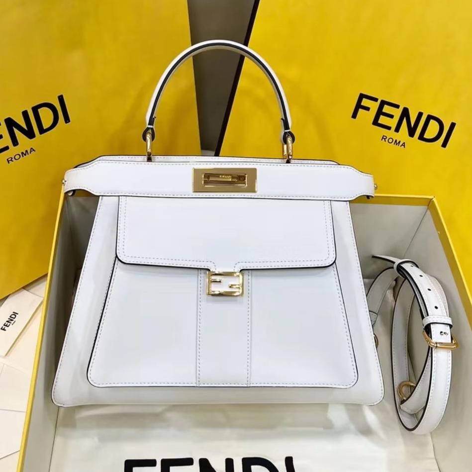 FENDI PEEKABOO 33 BAG IN WHITE CALFSKIN WITH STRAP GOLD HARDWARE