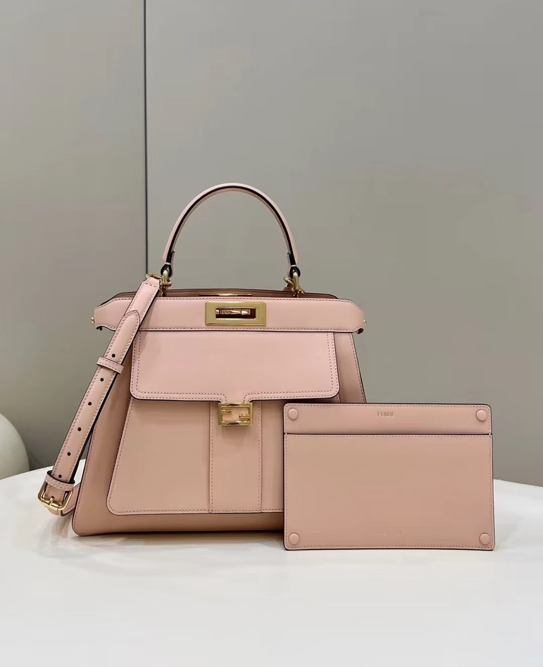 FENDI PEEKABOO 33 BAG IN LIGHT PINK CALFSKIN WITH STRAP GOLD HARDWARE