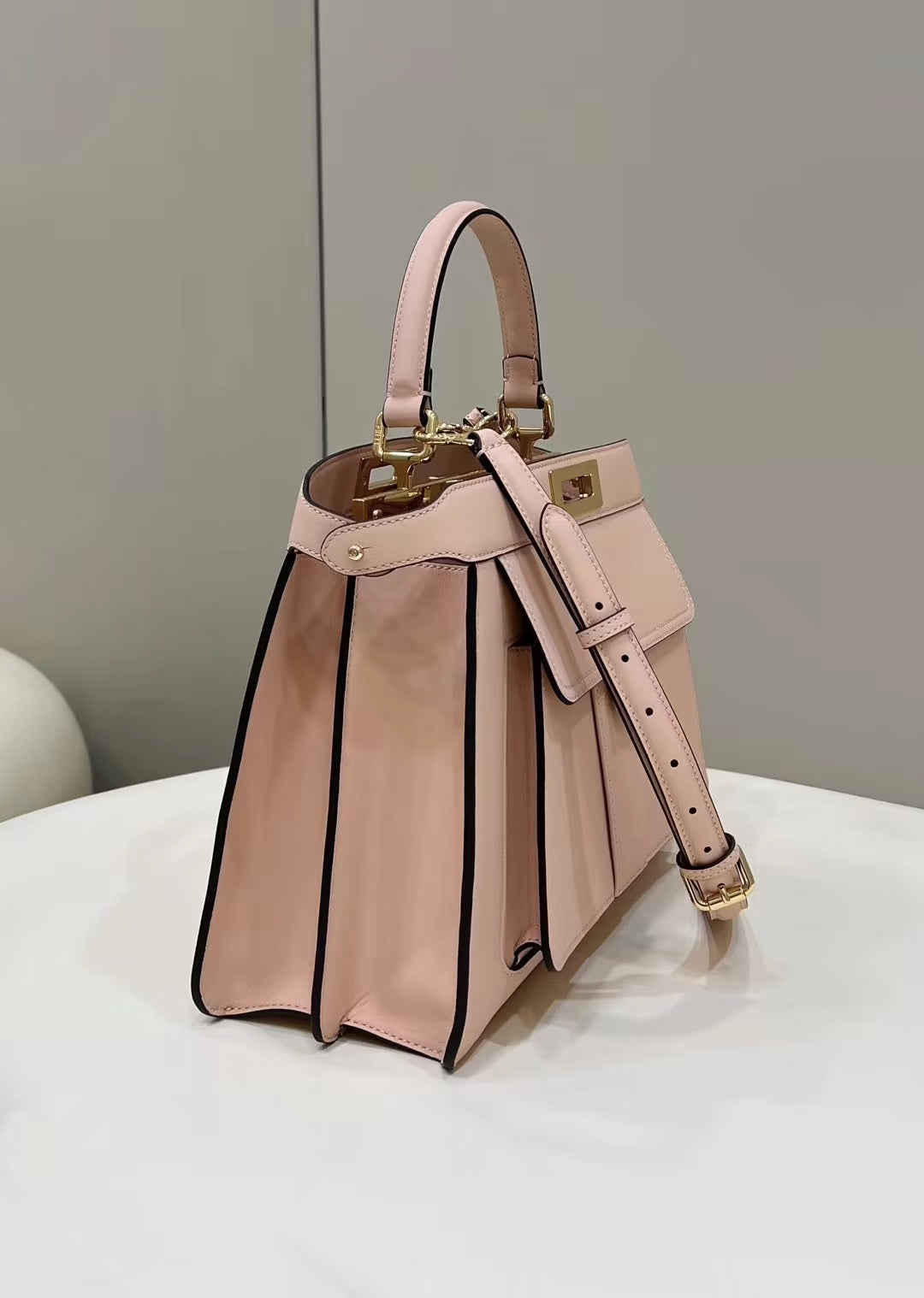 FENDI PEEKABOO 33 BAG IN LIGHT PINK CALFSKIN WITH STRAP GOLD HARDWARE