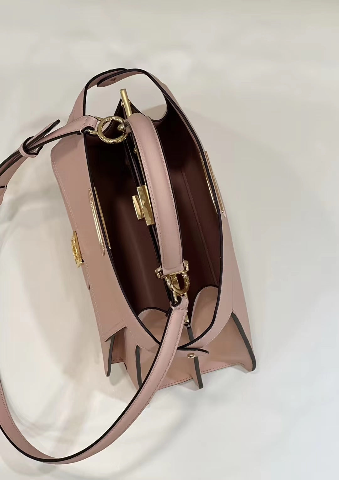 FENDI PEEKABOO 33 BAG IN LIGHT PINK CALFSKIN WITH STRAP GOLD HARDWARE