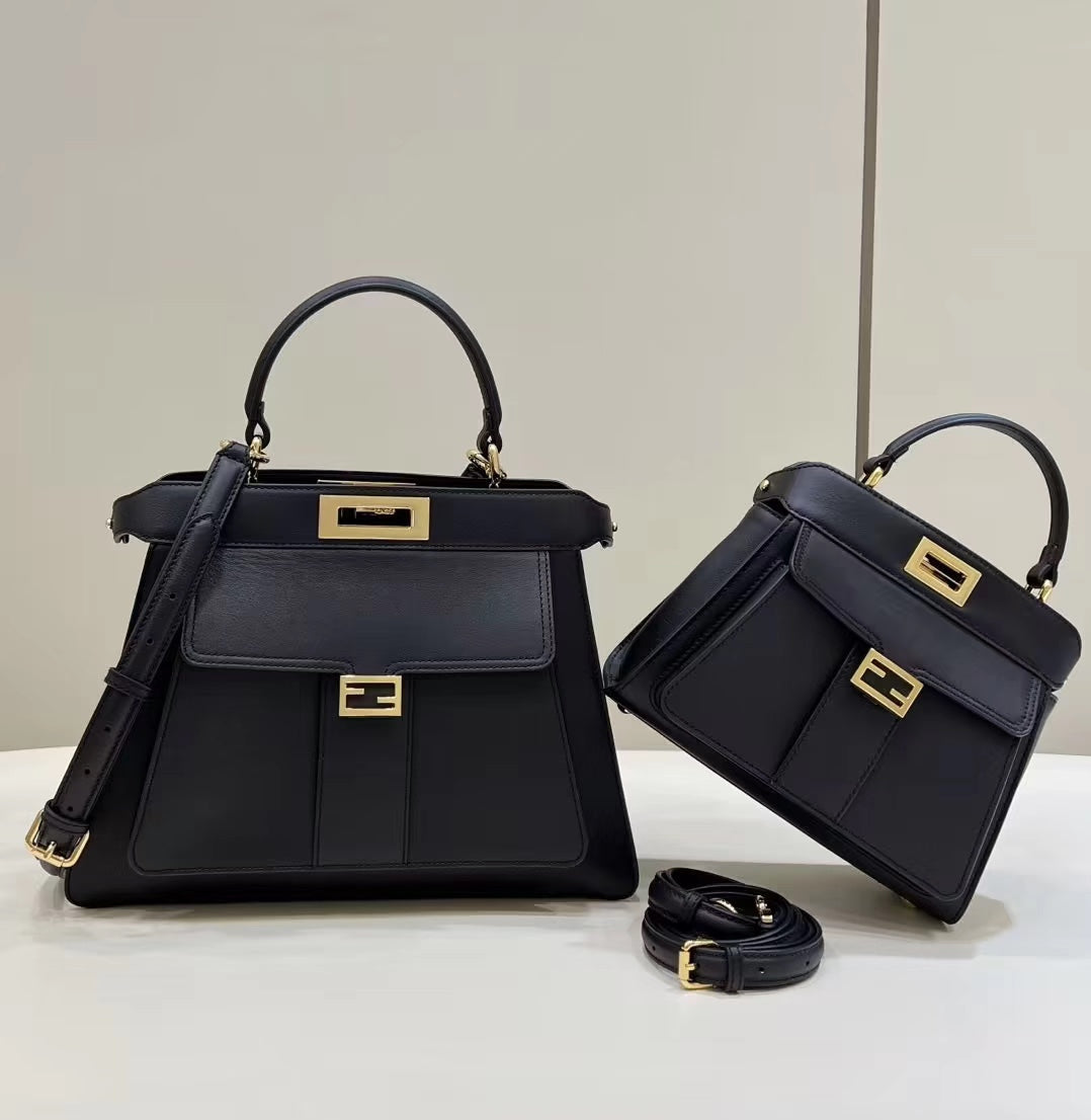 FENDI PEEKABOO 33 BAG IN BLACK CALFSKIN WITH STRAP GOLD HARDWARE