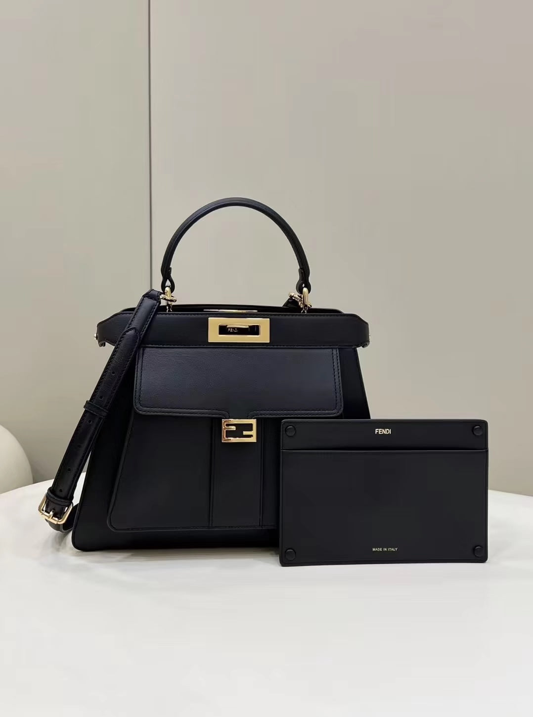 FENDI PEEKABOO 33 BAG IN BLACK CALFSKIN WITH STRAP GOLD HARDWARE