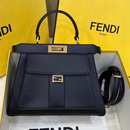 FENDI PEEKABOO 33 BAG IN BLACK CALFSKIN WITH STRAP GOLD HARDWARE