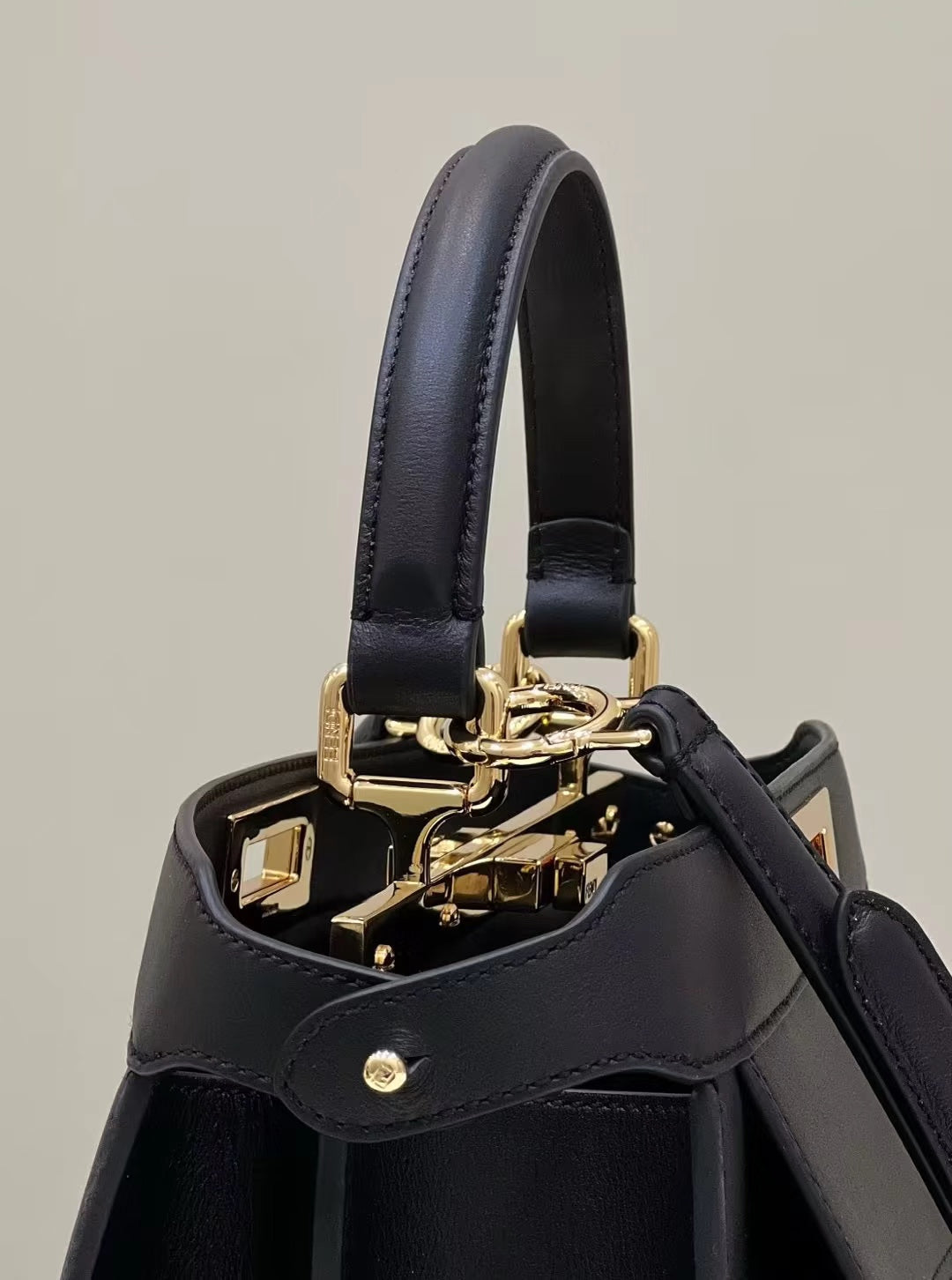 FENDI PEEKABOO 33 BAG IN BLACK CALFSKIN WITH STRAP GOLD HARDWARE