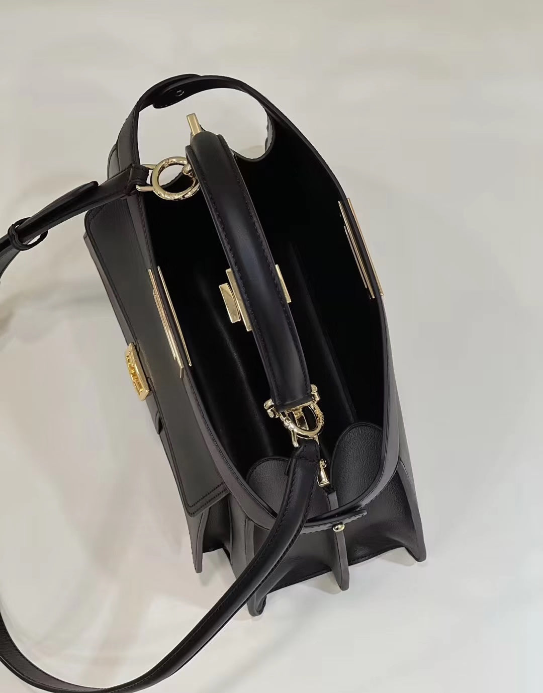 FENDI PEEKABOO 33 BAG IN BLACK CALFSKIN WITH STRAP GOLD HARDWARE