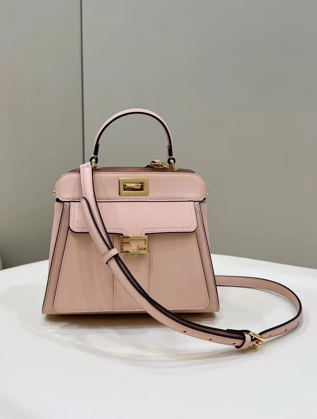 FENDI PEEKABOO MINI 23 BAG IN LIGHT PINK CALFSKIN WITH GOLD HARDWARE