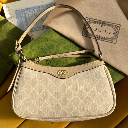 OPHIDIA GG SMALL 25 HANDBAG BEIGE AND WHITE SUPREME CANVAS