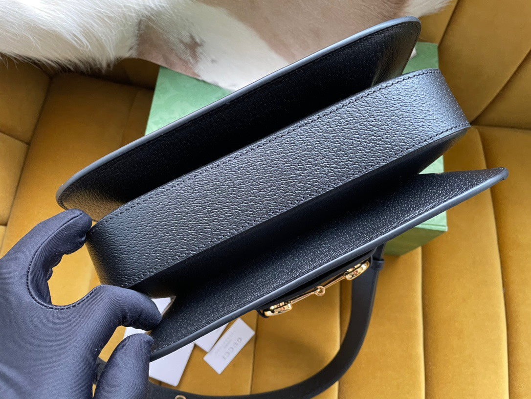 GG HORSEBIT 1955 SADDLE BAG 25 IN BLACK CANVAS AND CALFSKIN