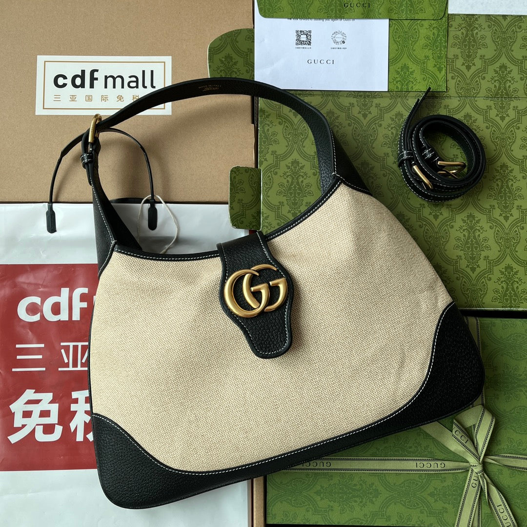 MEDIUM APHRODITE 39 BAG IN BEIGE CANVAS AND BLACK CALFSKIN GOLD HARDWARE