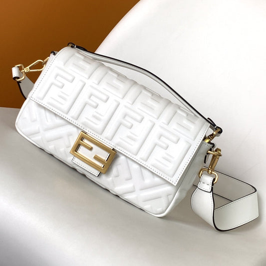 Fend Baguette 27 Bag With FF Motif White Leather Ghw