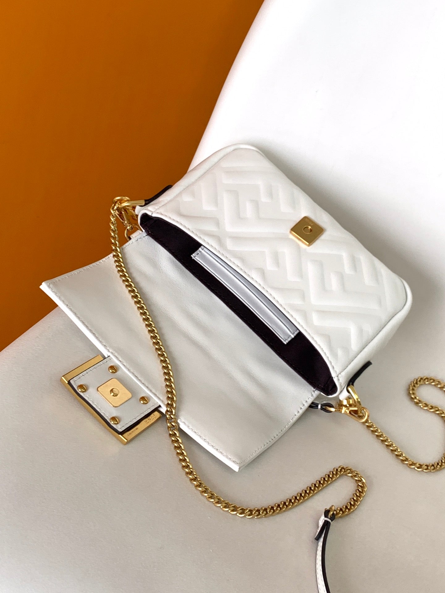 Mini Baguette Bag 20 With FF Motif White Leather Ghw