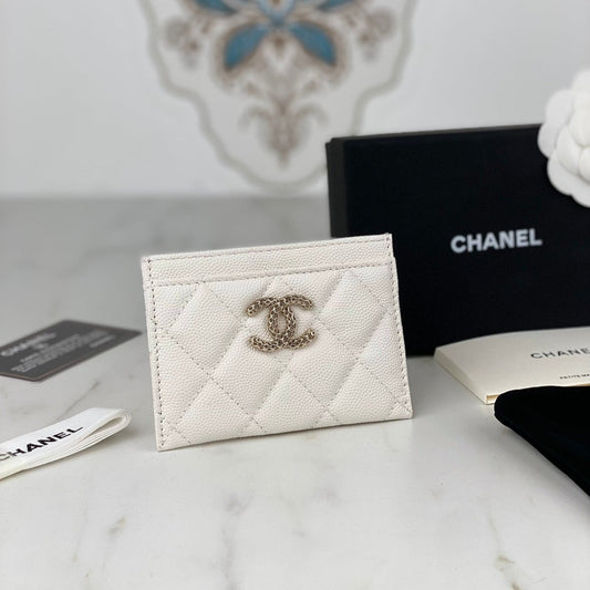 CC CARD HOLDER 19.5 WHITE GRAINED CALFSKIN GOLD ICON