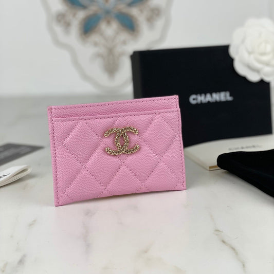 CC CARD HOLDER 19.5 PINK GRAINED CALFSKIN GOLD ICON