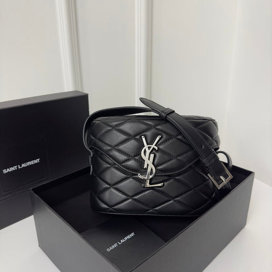 JUNE 19 BLACK QUILTED LAMBSKIN WITH SILVER LOGO BOX BAG