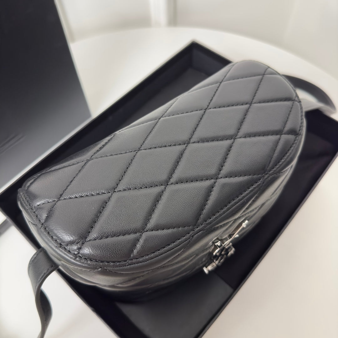 JUNE 19 BLACK QUILTED LAMBSKIN WITH SILVER LOGO BOX BAG