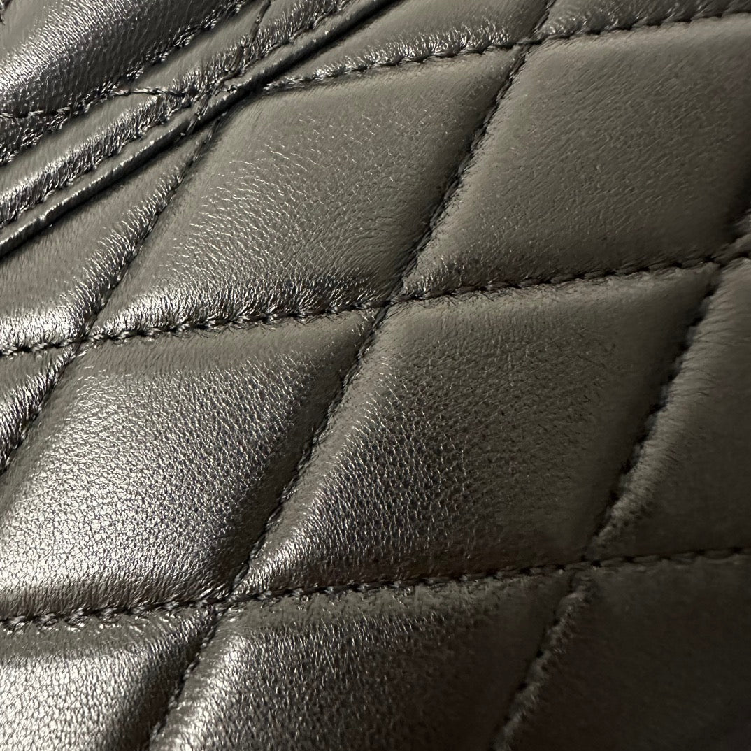 JUNE 19 BLACK QUILTED LAMBSKIN WITH SILVER LOGO BOX BAG