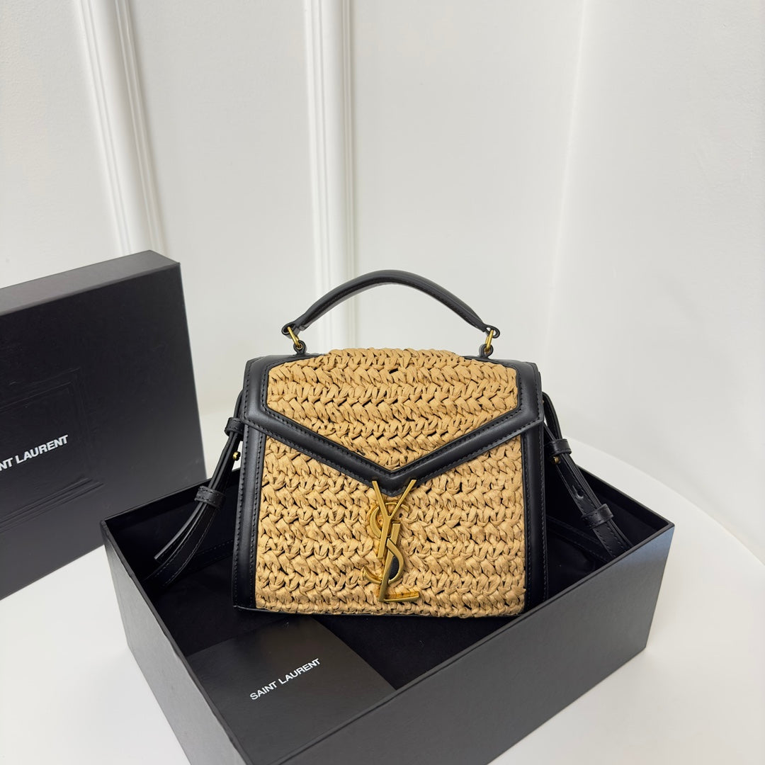 CASSANDRA 20 PALE YELLOW STRAW AND CALFSKIN BAG