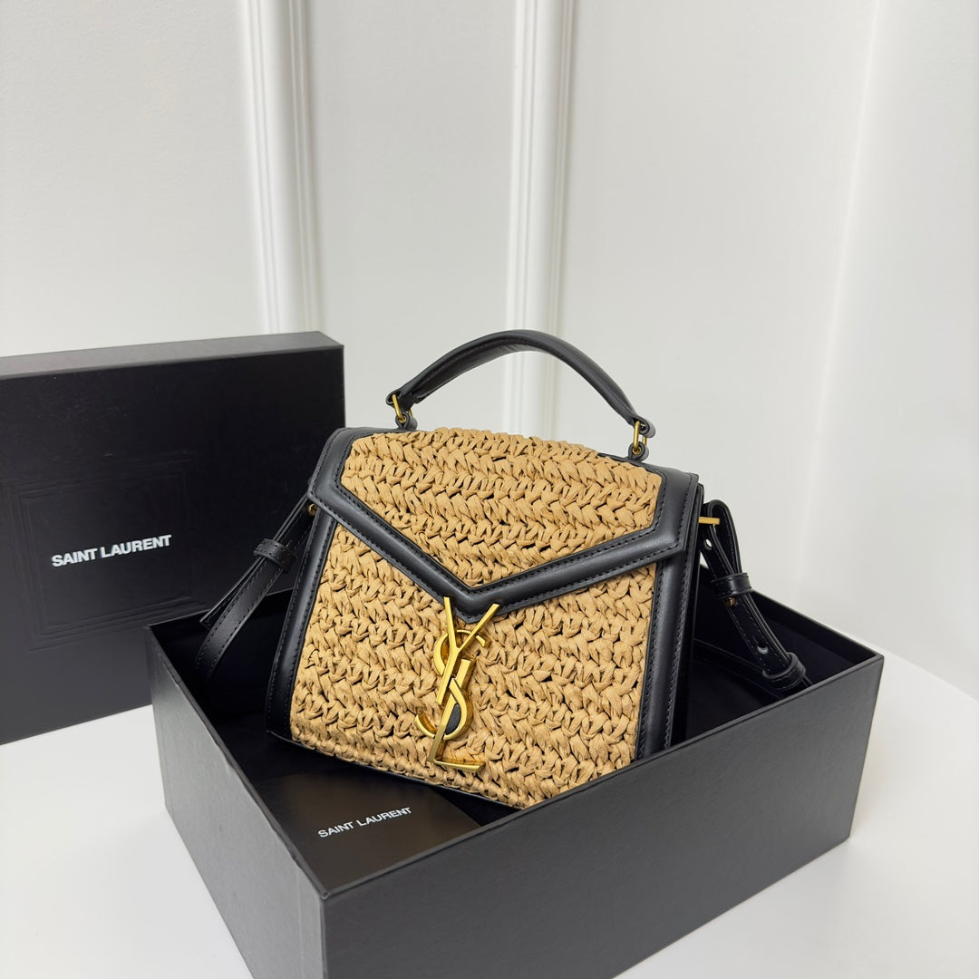 CASSANDRA 20 PALE YELLOW STRAW AND CALFSKIN BAG