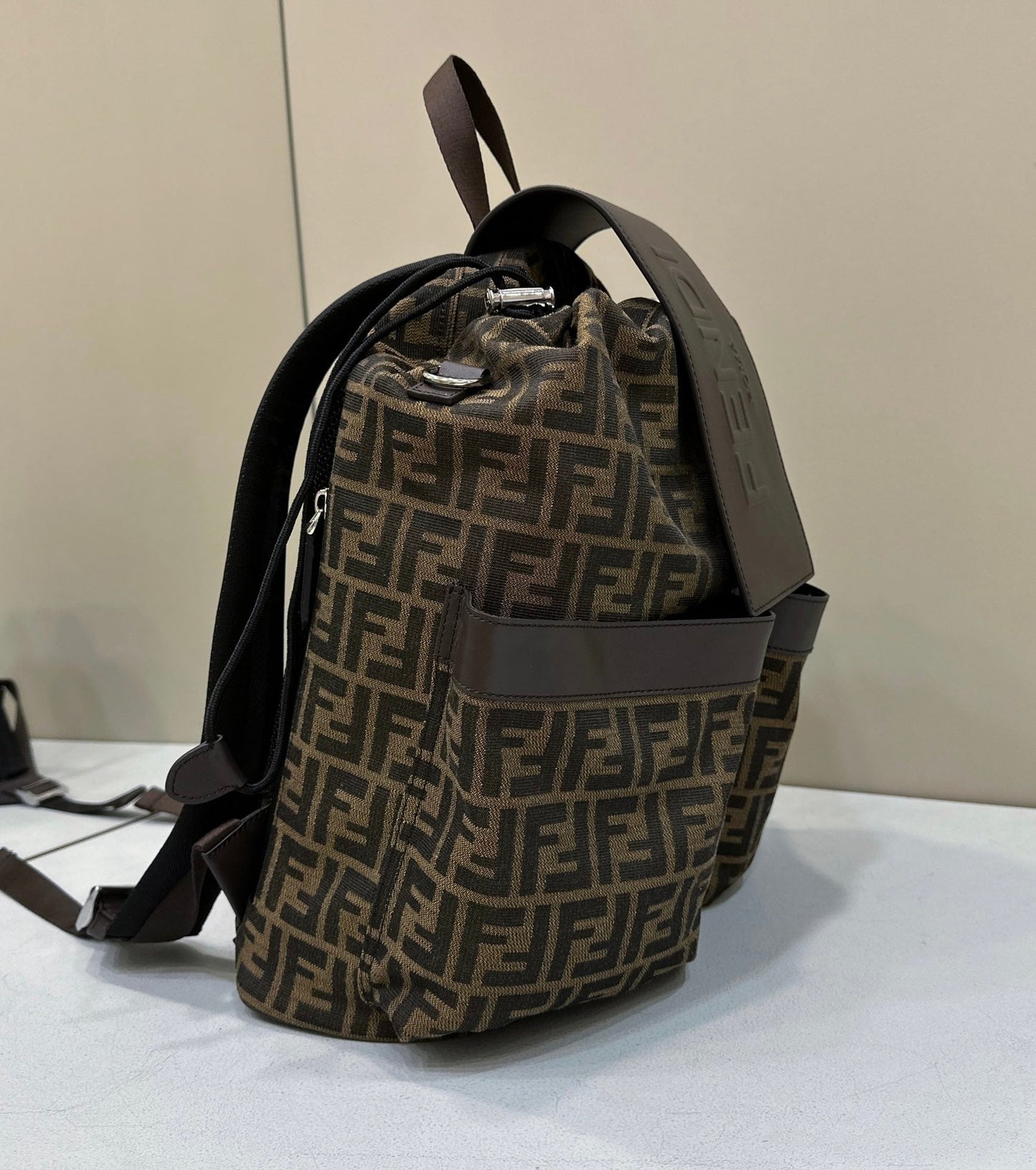 FENDI STRIKE 41 MEDIUM FF MOCHA BROWN JACQUARD FABRIC BACKPACK