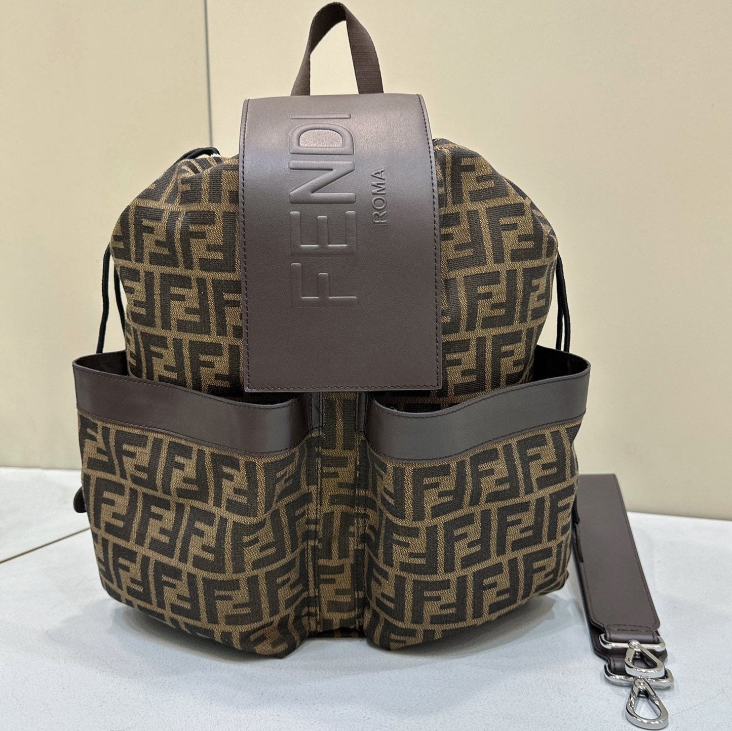 FENDI STRIKE 41 MEDIUM FF MOCHA BROWN JACQUARD FABRIC BACKPACK