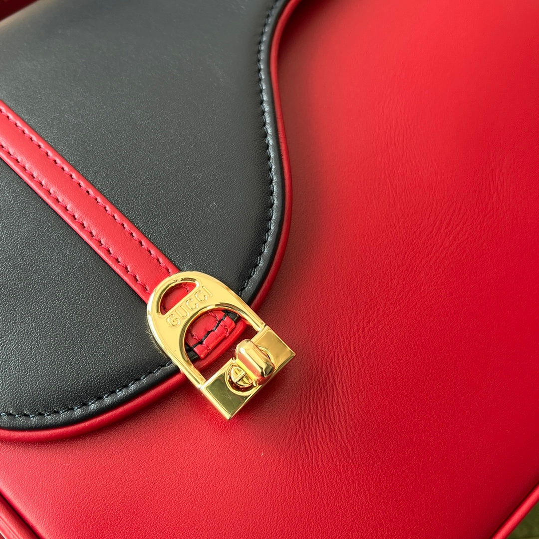 EQUESTRIAN STYLE SHOULDER BAG 21 IN RED MIX BLACK CALFSKIN GOLD HARDWARE