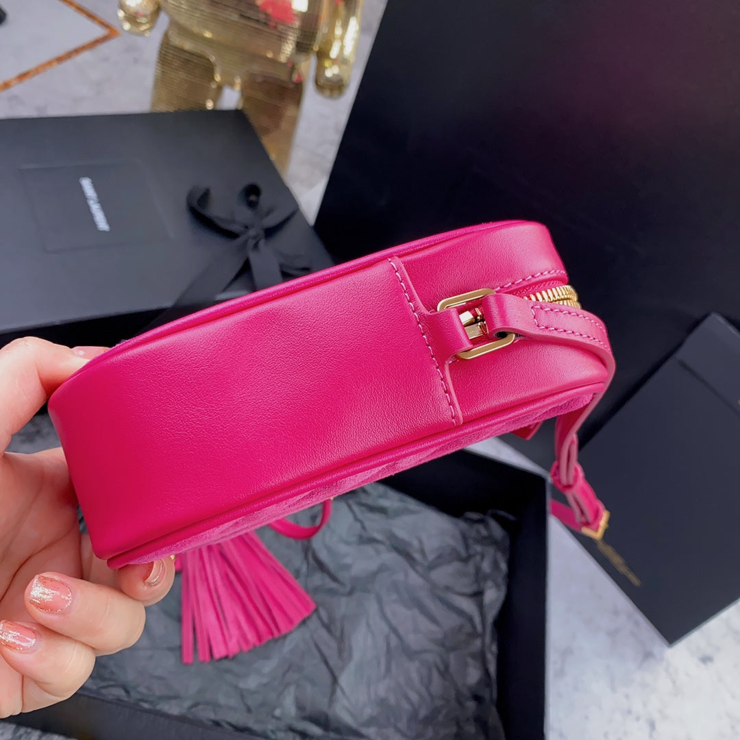 LOU CAMERA BAG 23 IN BRIGHT PINK SUEDE AND CALFSKIN TRIM