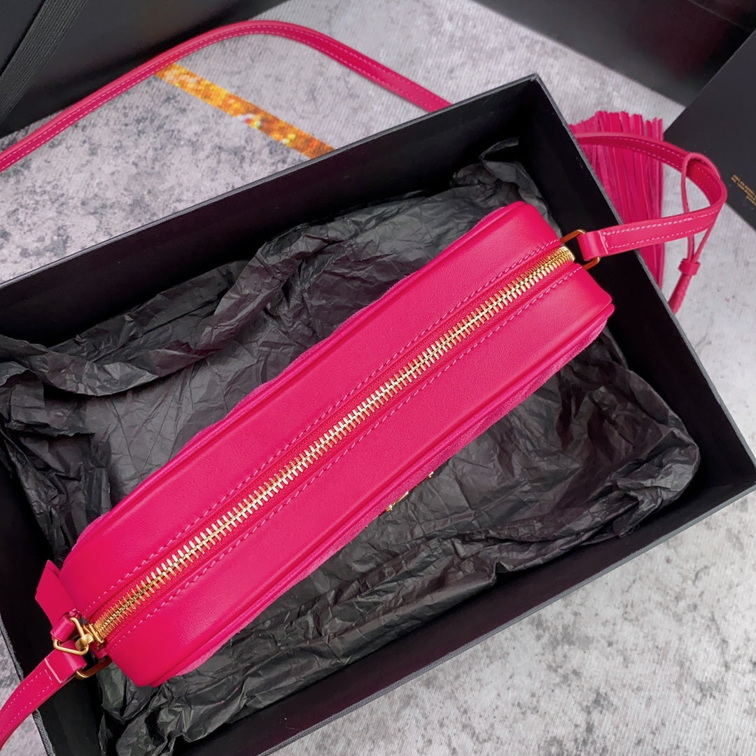 LOU CAMERA BAG 23 IN BRIGHT PINK SUEDE AND CALFSKIN TRIM