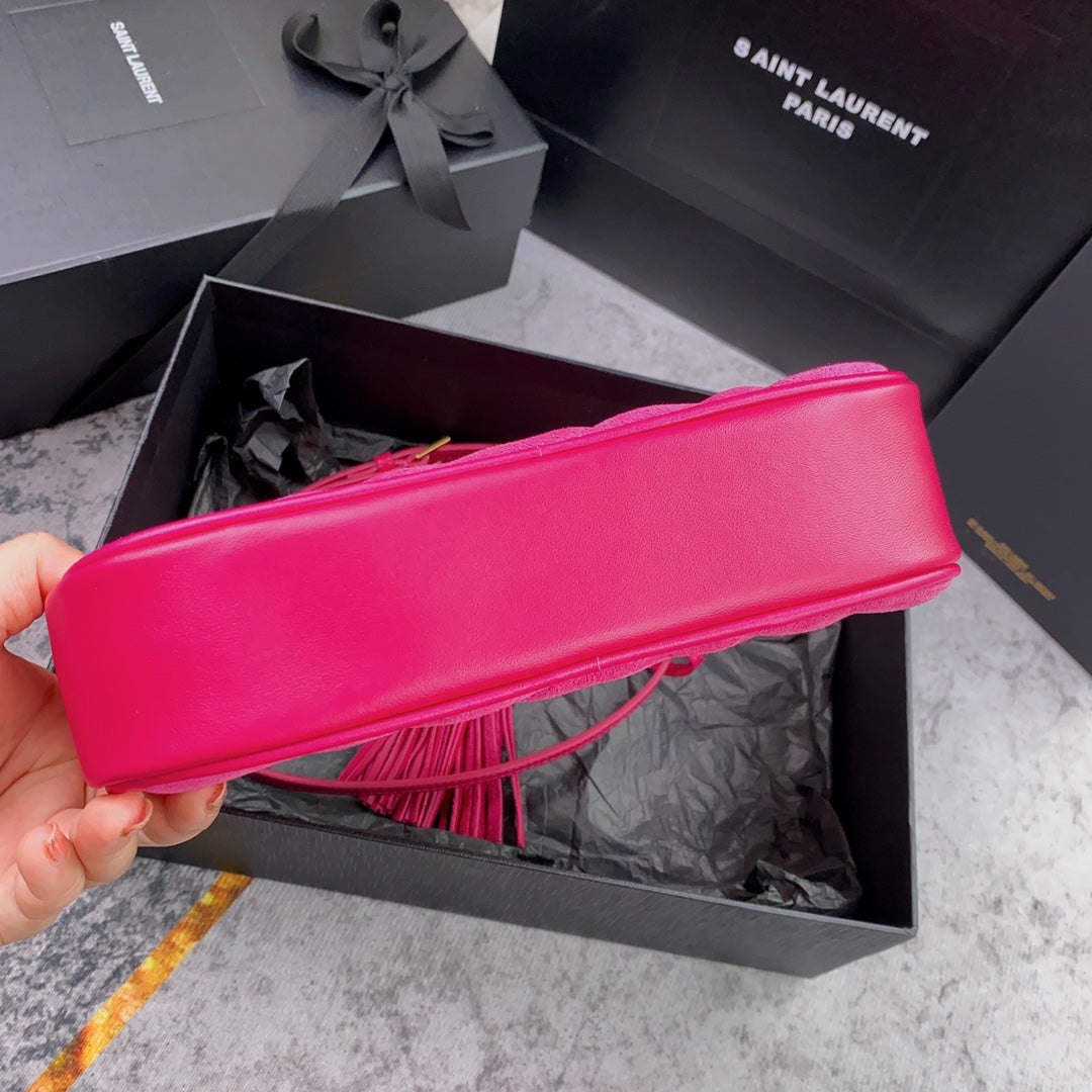 LOU CAMERA BAG 23 IN BRIGHT PINK SUEDE AND CALFSKIN TRIM