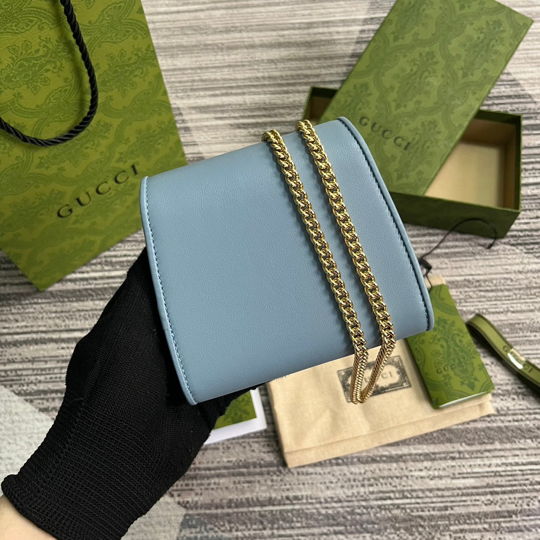 BLONDIE INTERLOCK MINI SHOULDER BAG 12 IN SKY BLUE CALFSKIN GOLD CHAIN