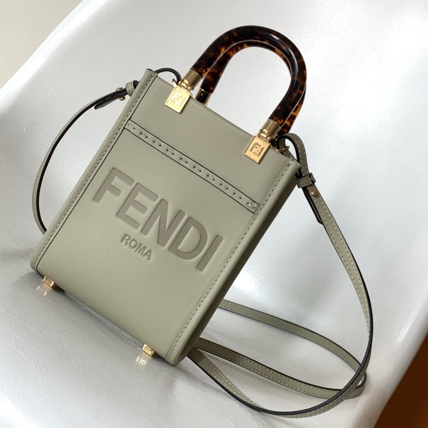 Fend Mini Sunshine Shopper Bag 18 Light Grey Leather