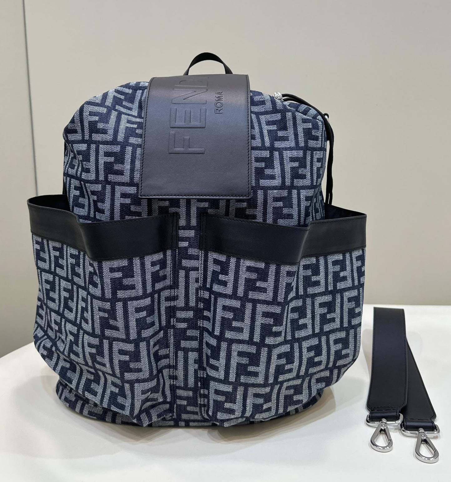 FENDI STRIKE LARGE 46 FF MIDNIGHT BLUE JACQUARD FABRIC BACKPACK