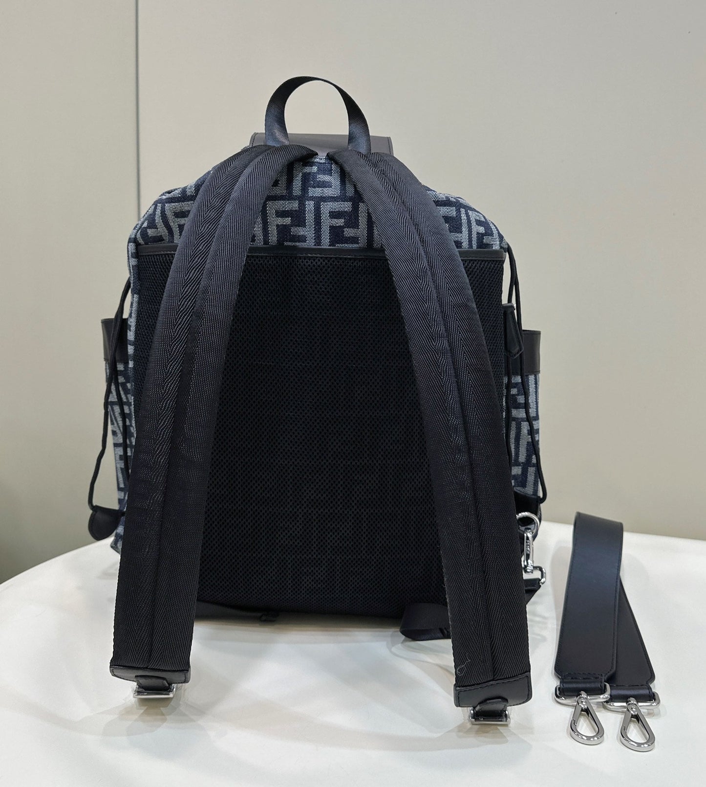 FENDI STRIKE LARGE 46 FF MIDNIGHT BLUE JACQUARD FABRIC BACKPACK