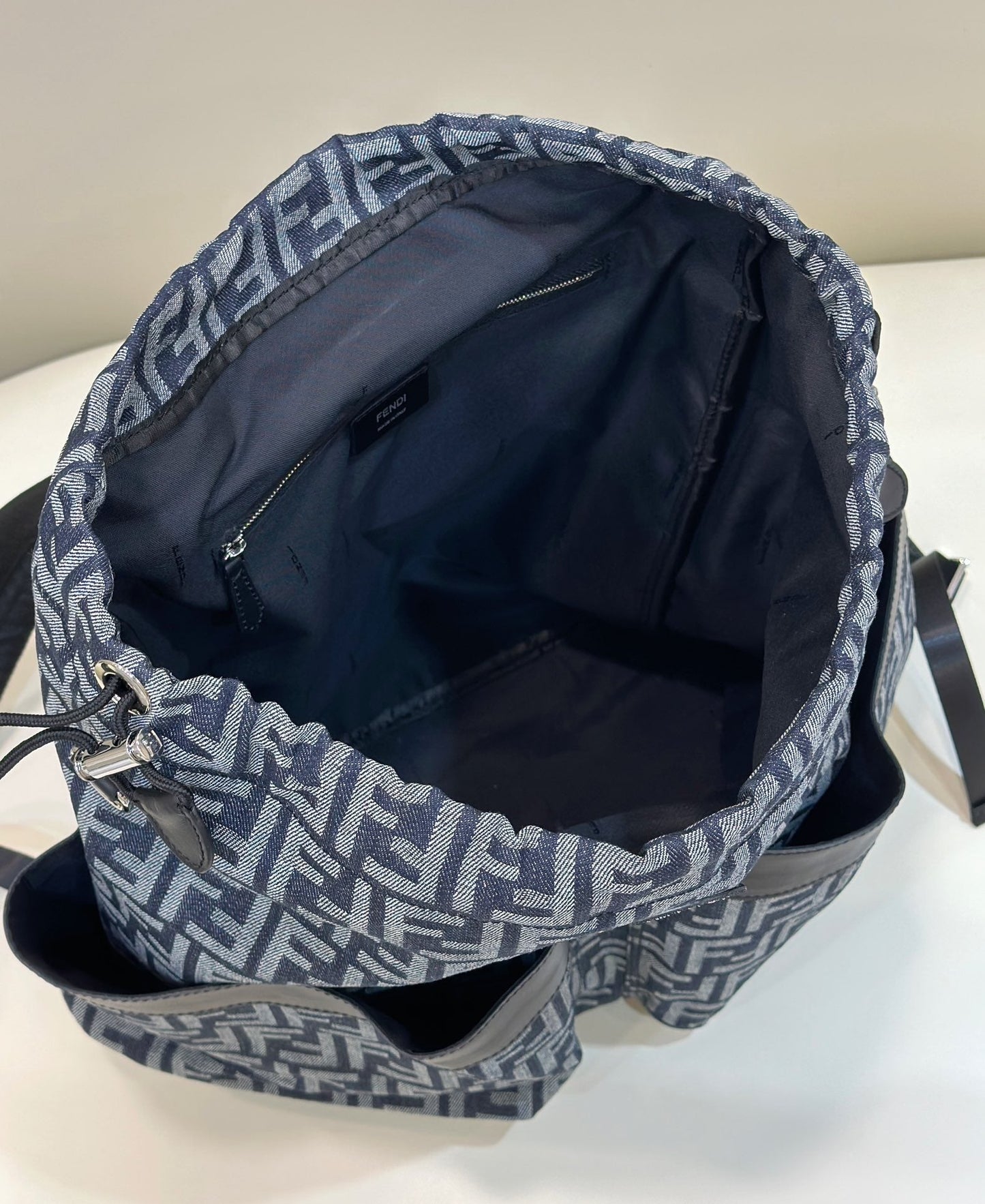 FENDI STRIKE LARGE 46 FF MIDNIGHT BLUE JACQUARD FABRIC BACKPACK