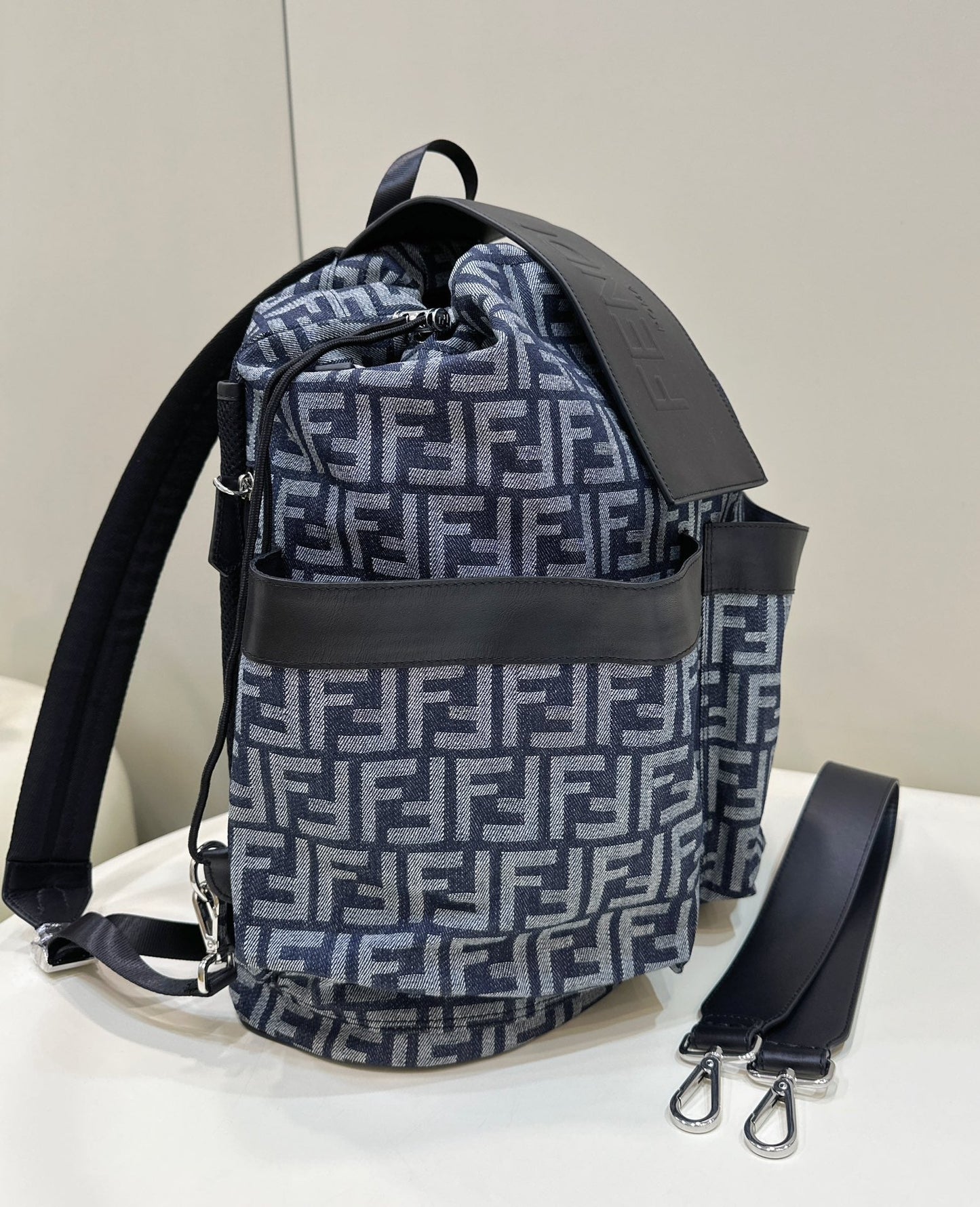 FENDI STRIKE LARGE 46 FF MIDNIGHT BLUE JACQUARD FABRIC BACKPACK