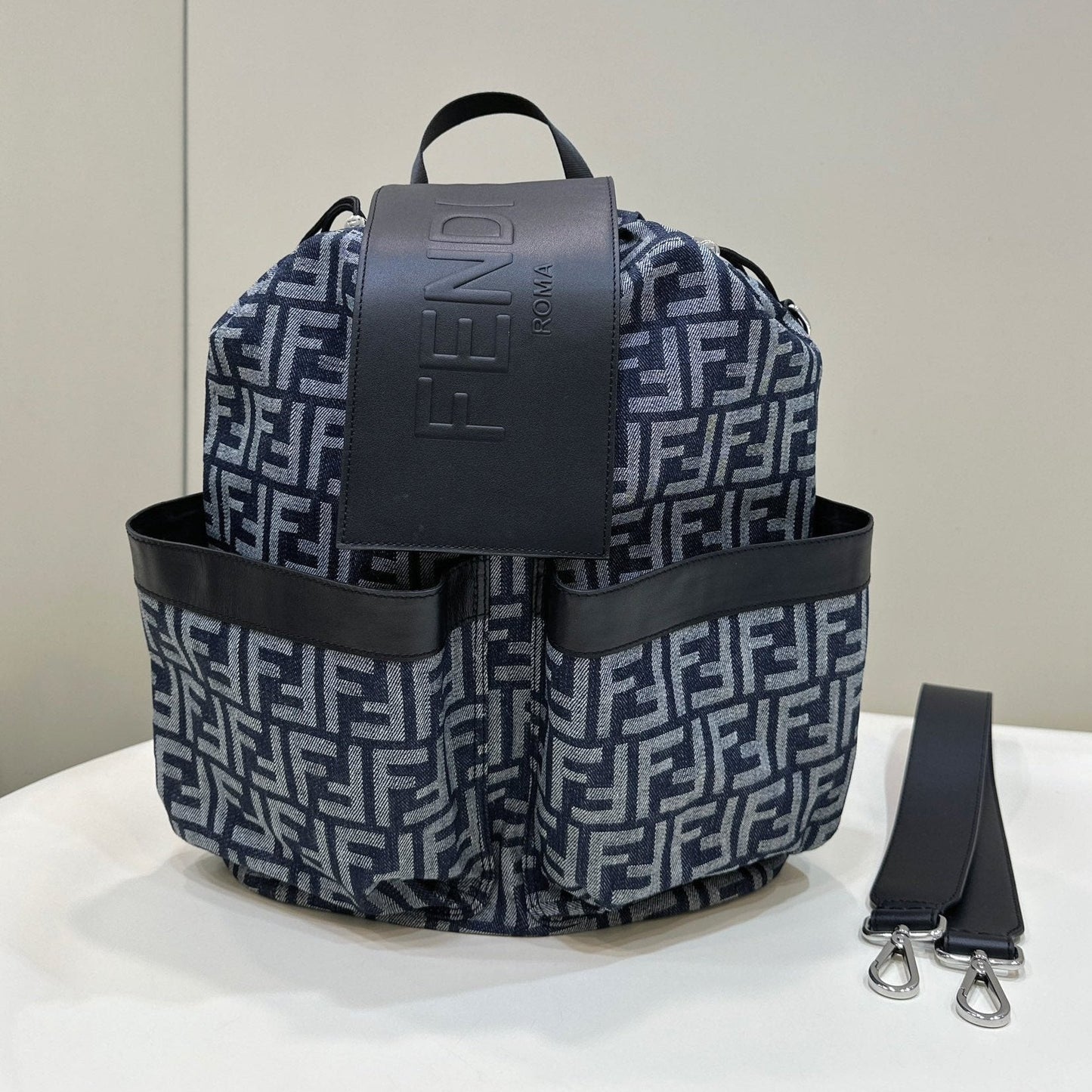 FENDI STRIKE 41 MEDIUM FF MIDNIGHT BLUE JACQUARD FABRIC BACKPACK