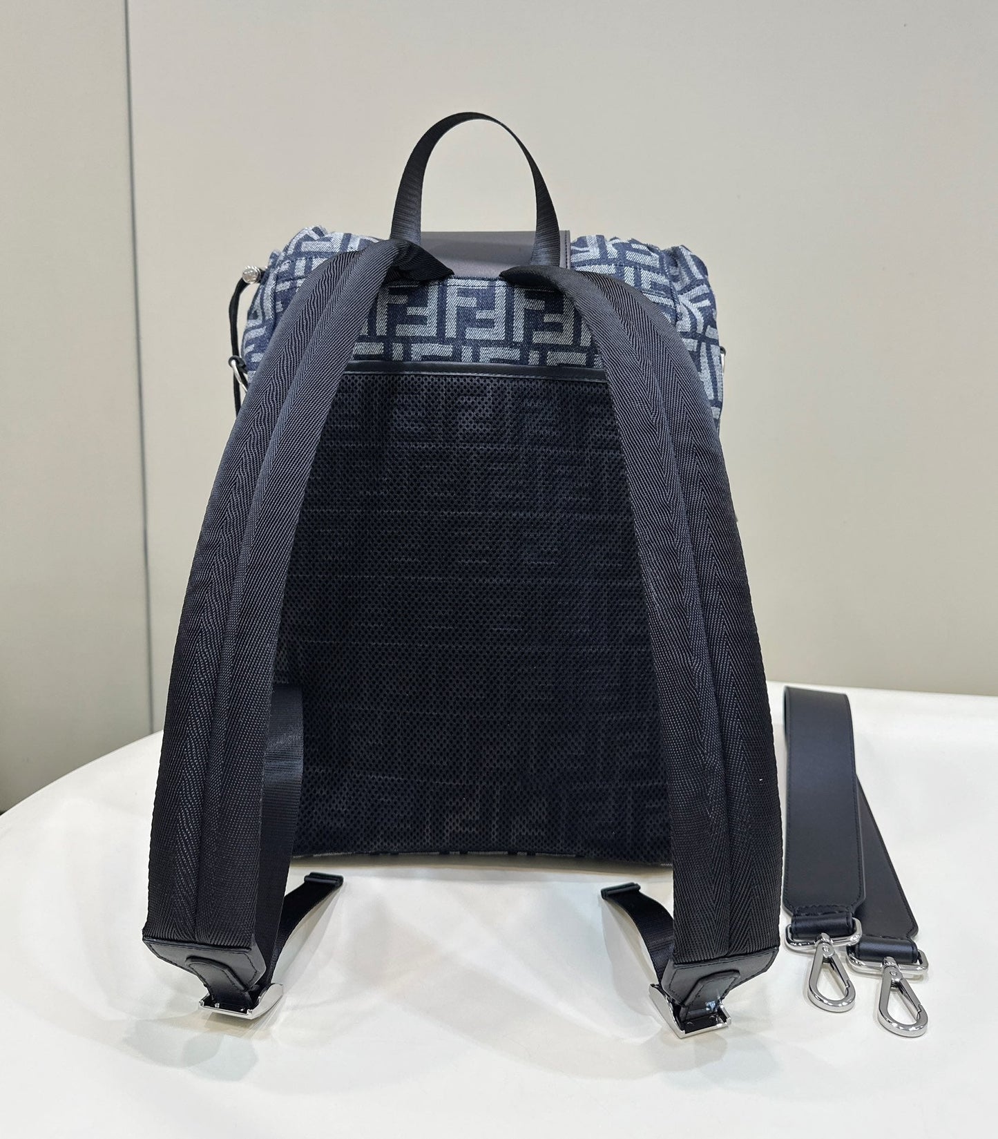 FENDI STRIKE 41 MEDIUM FF MIDNIGHT BLUE JACQUARD FABRIC BACKPACK