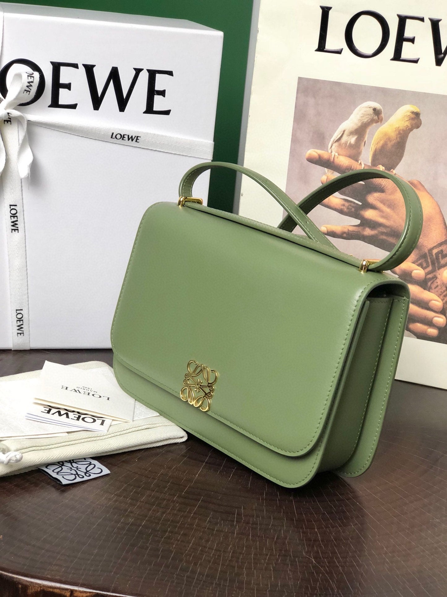 LOE GOYA BAG 23 IN AVOCADO GREEN SILK CALFSKIN