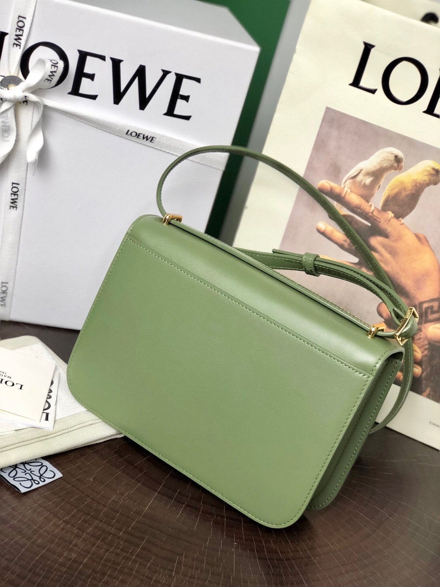 LOE GOYA BAG 23 IN AVOCADO GREEN SILK CALFSKIN