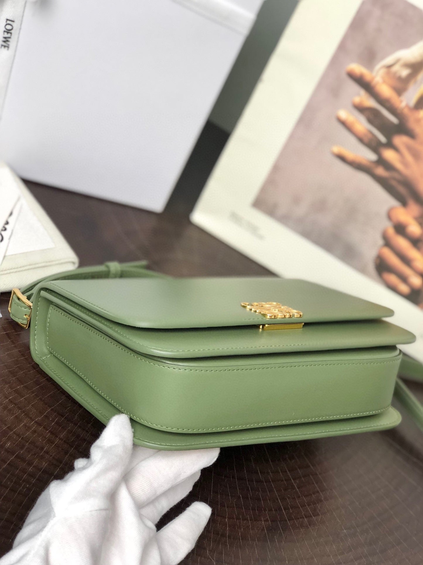 LOE GOYA BAG 23 IN AVOCADO GREEN SILK CALFSKIN