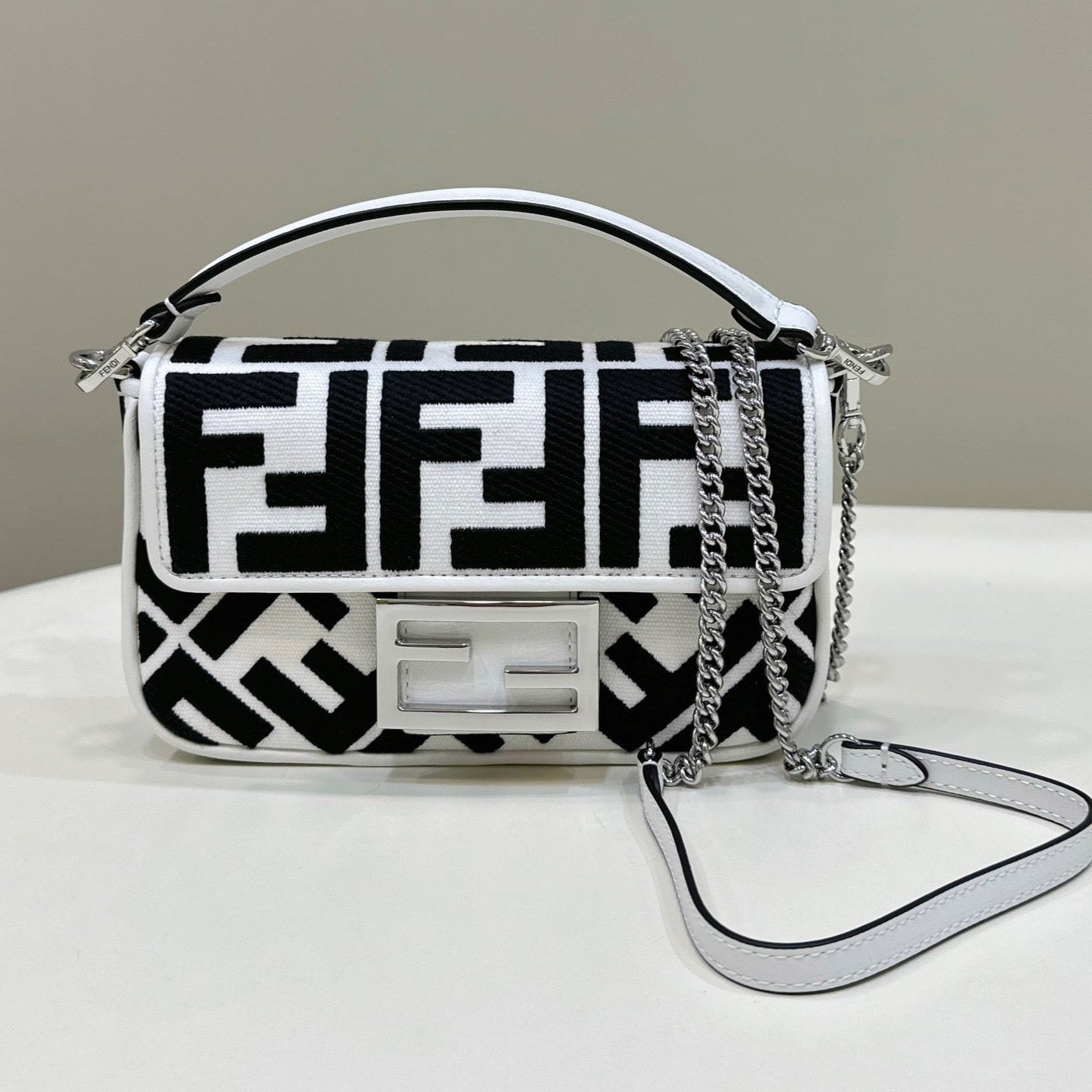 FENDI 19 BAGUETTE BAG IN BLACK MIX WHITE CANVAS WITH GOLD HARDWARE