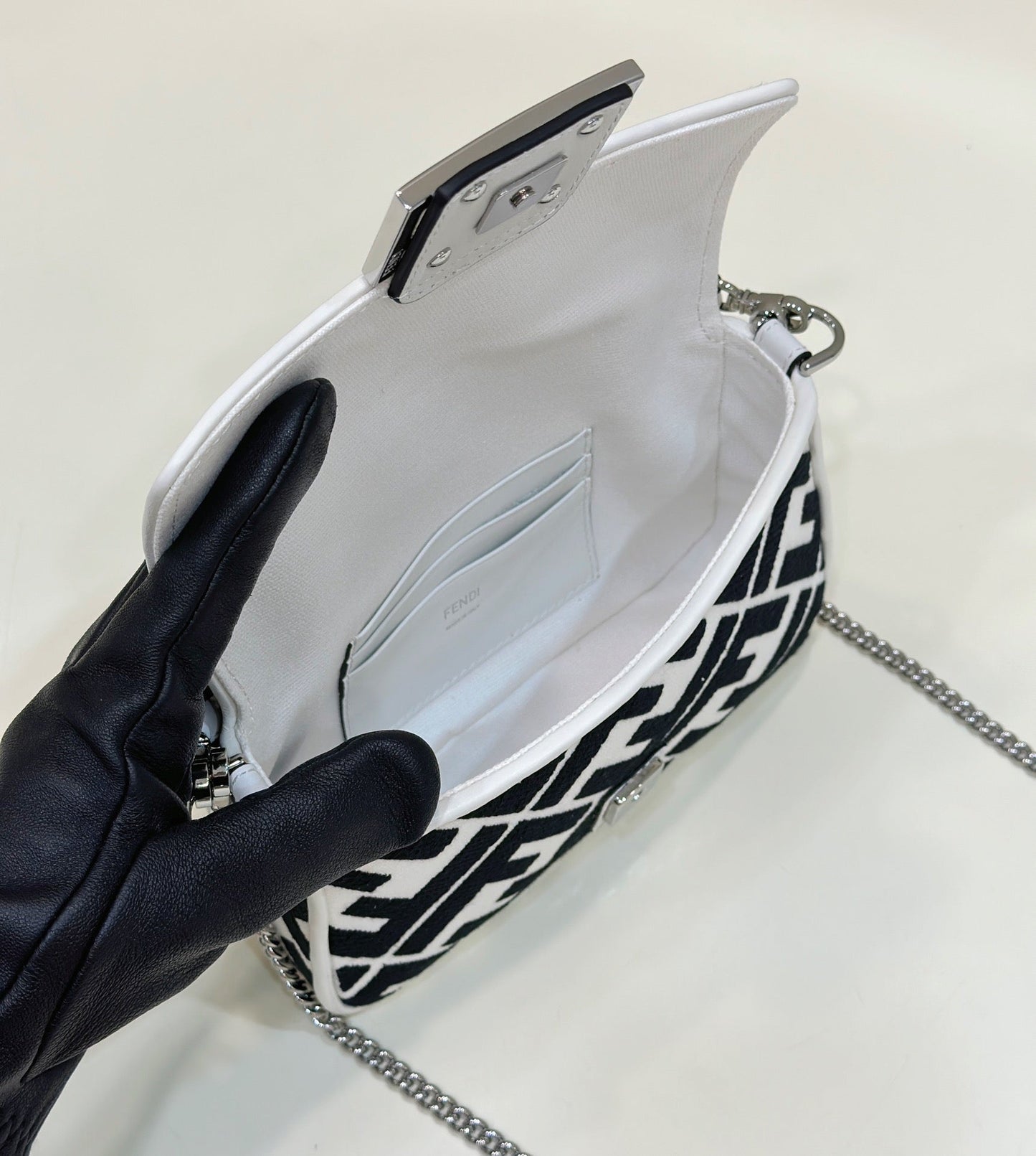 FENDI 19 BAGUETTE BAG IN BLACK MIX WHITE CANVAS WITH GOLD HARDWARE