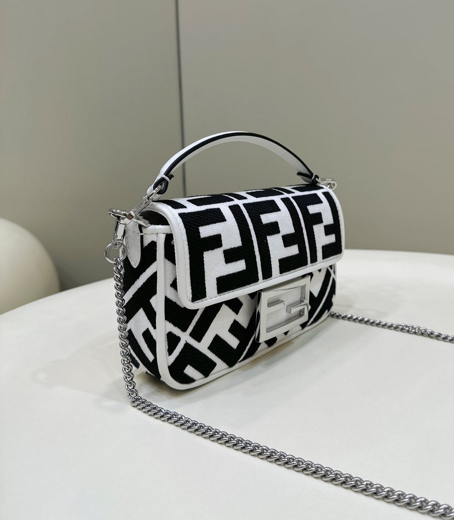 FENDI 19 BAGUETTE BAG IN BLACK MIX WHITE CANVAS WITH GOLD HARDWARE