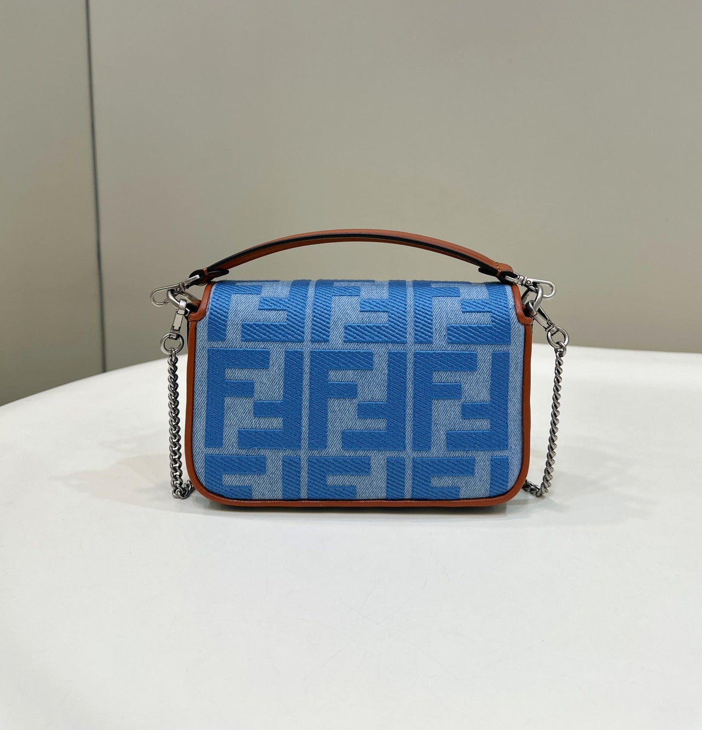 FENDI 19 BAGUETTE BAG IN LIGHT BLUE CANVAS WITH SILVER HARDWARE