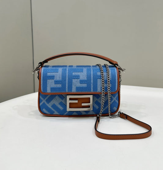 FENDI 19 BAGUETTE BAG IN LIGHT BLUE CANVAS WITH SILVER HARDWARE