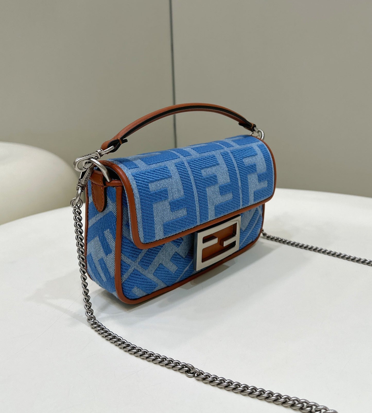 FENDI 19 BAGUETTE BAG IN LIGHT BLUE CANVAS WITH SILVER HARDWARE