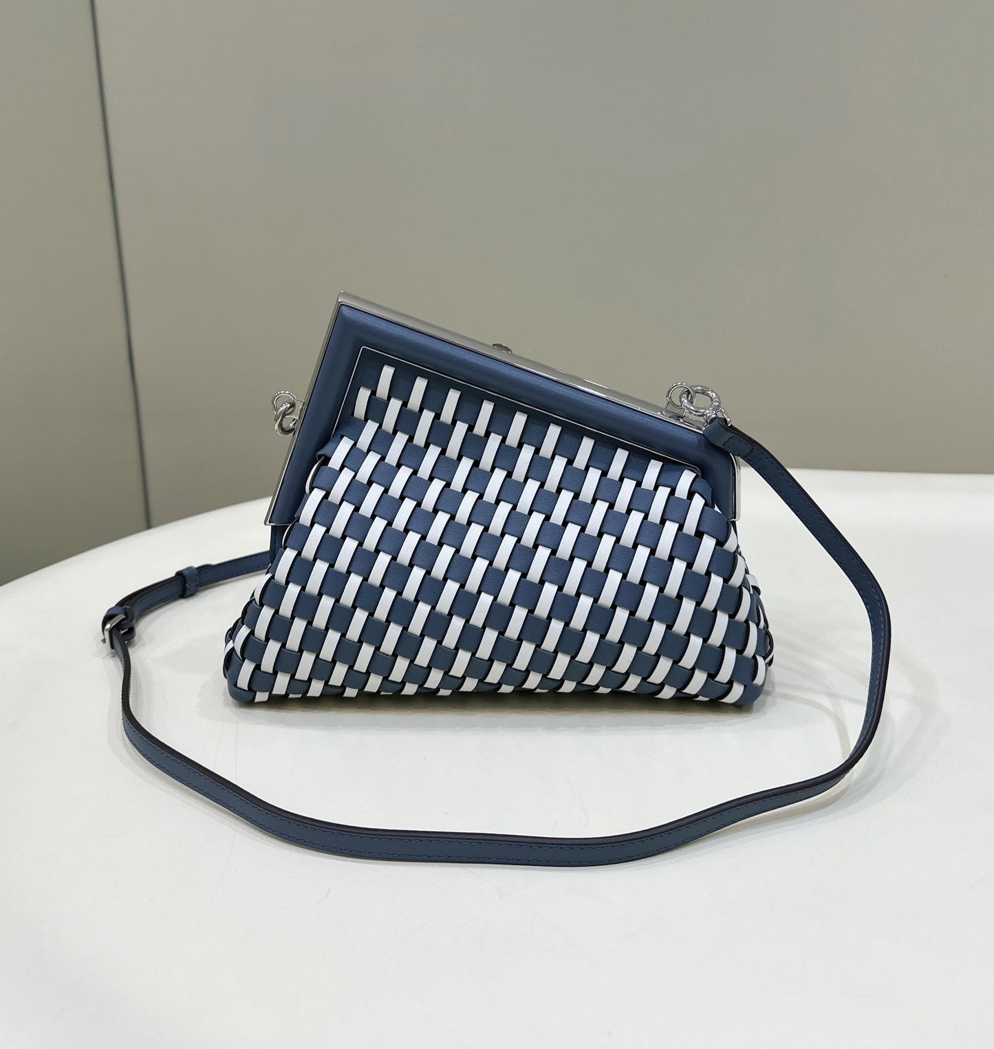 FENDI 26 FIRST SMALL IN MIDNIGHT BLUE MIX WHITE CALFSKIN SILVER HARDWARE